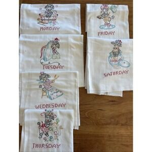 Vintage Days of the Week Hand Embroidered Flour Tea Towels Dogs 6 Days